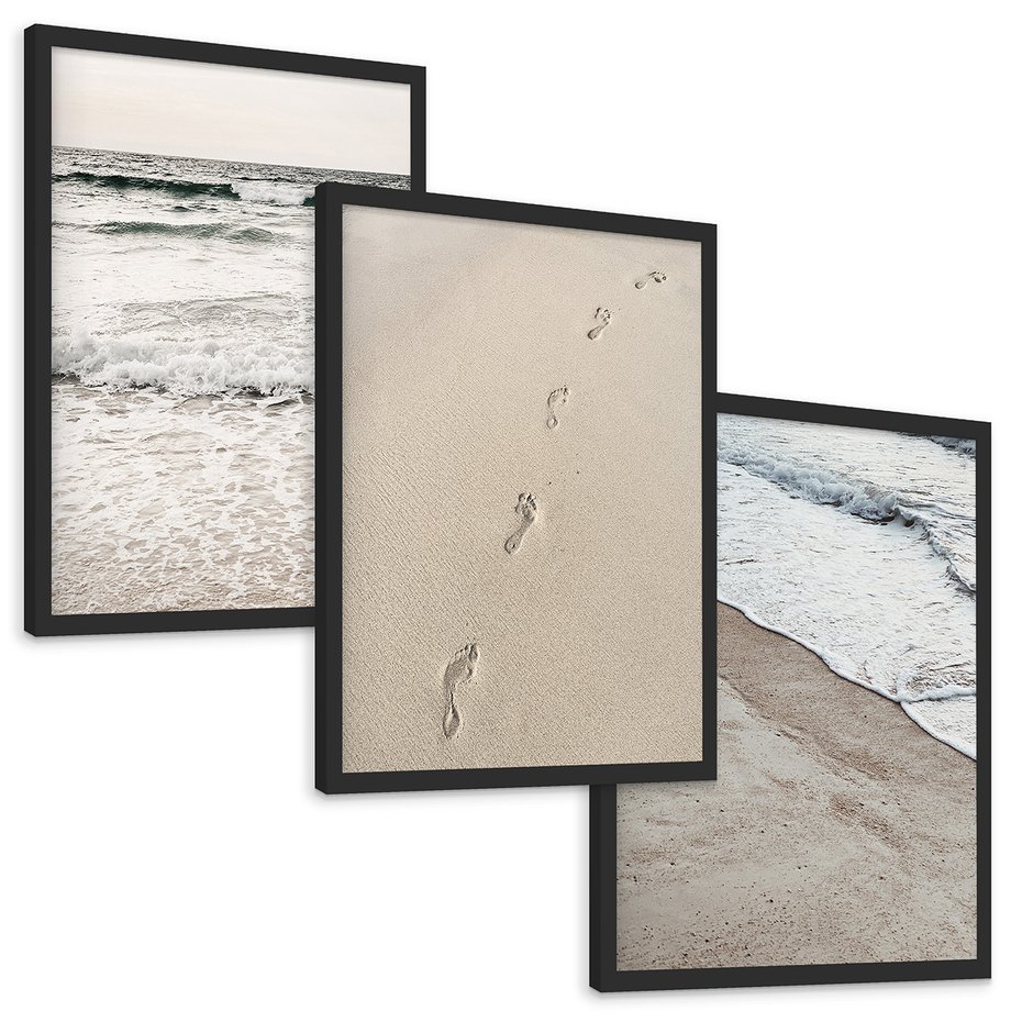 Zestaw obrazy w ramie, plakaty - plaża, piasek, morze - rama czarna