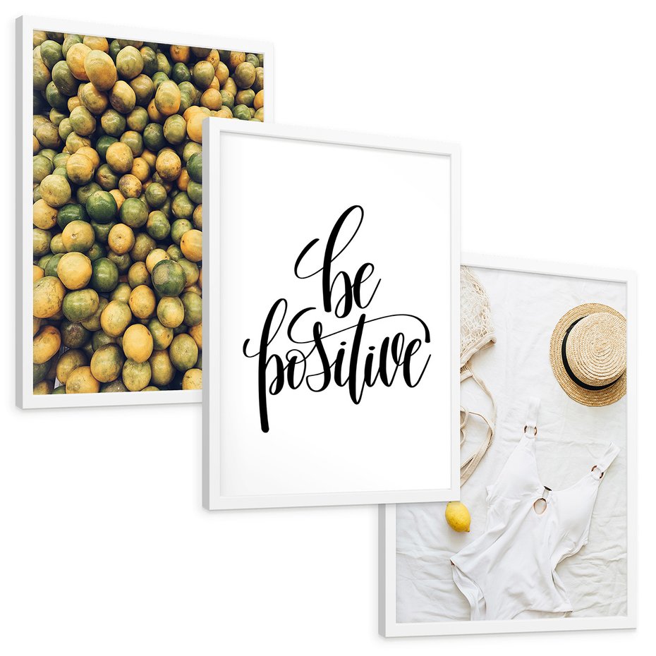 Zestaw obrazy w ramie, plakaty - owoce, cytryny, pozytywne - rama biała