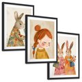 Zestaw obrazy w ramie, plakaty - króliki, dziewczynka, kwiaty - rama czarna
