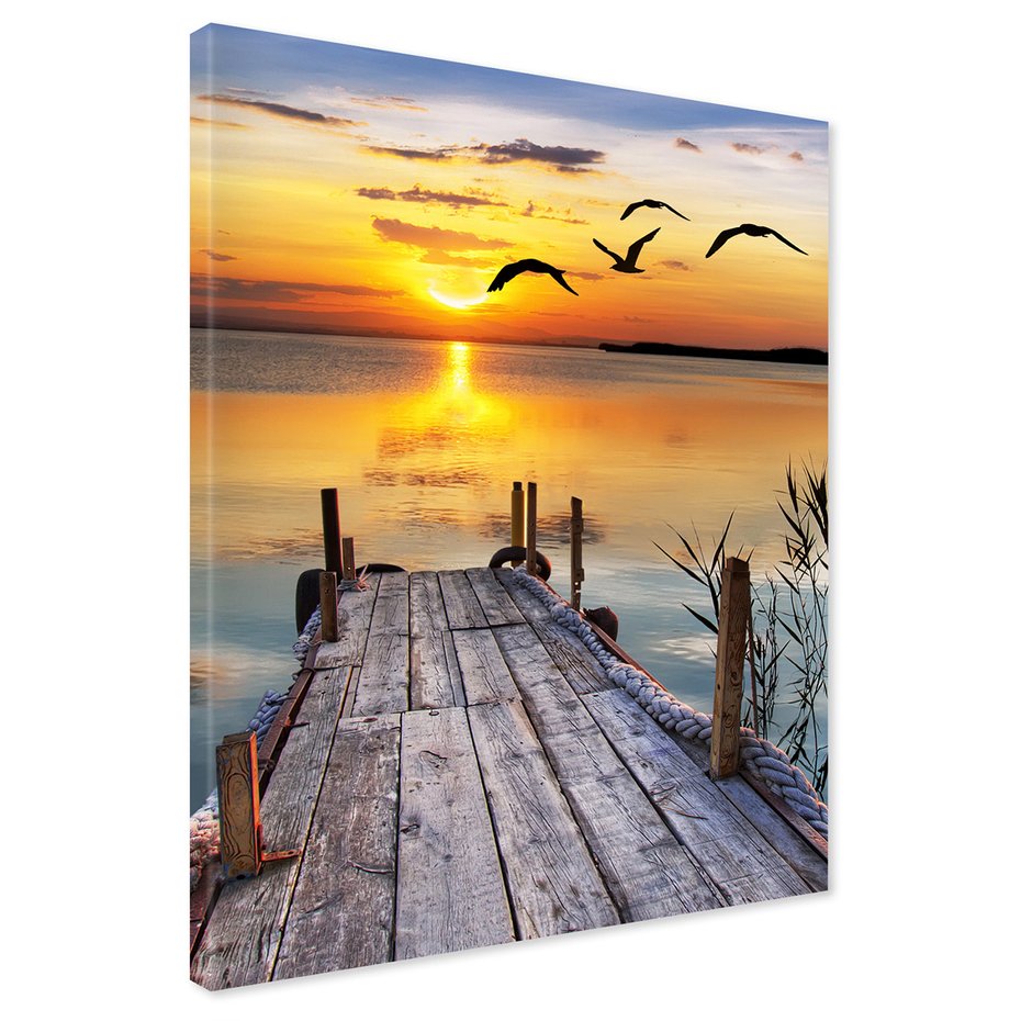 Obraz na płótnie - zachód słońca, ptaki, pomost