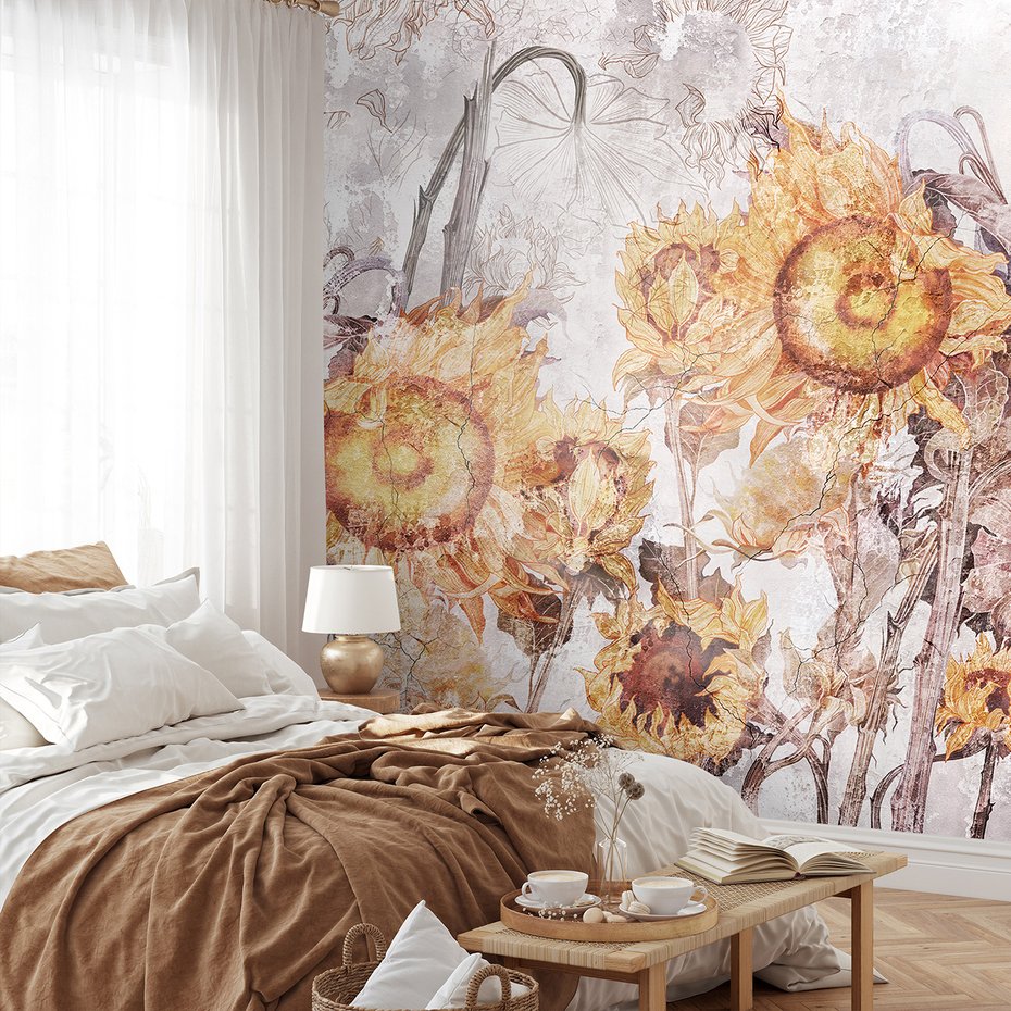 Fototapeta - beton, kwiaty, słoneczniki