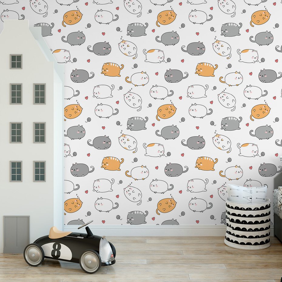 Tapeta - dziecięca, koty, serca, kłębek