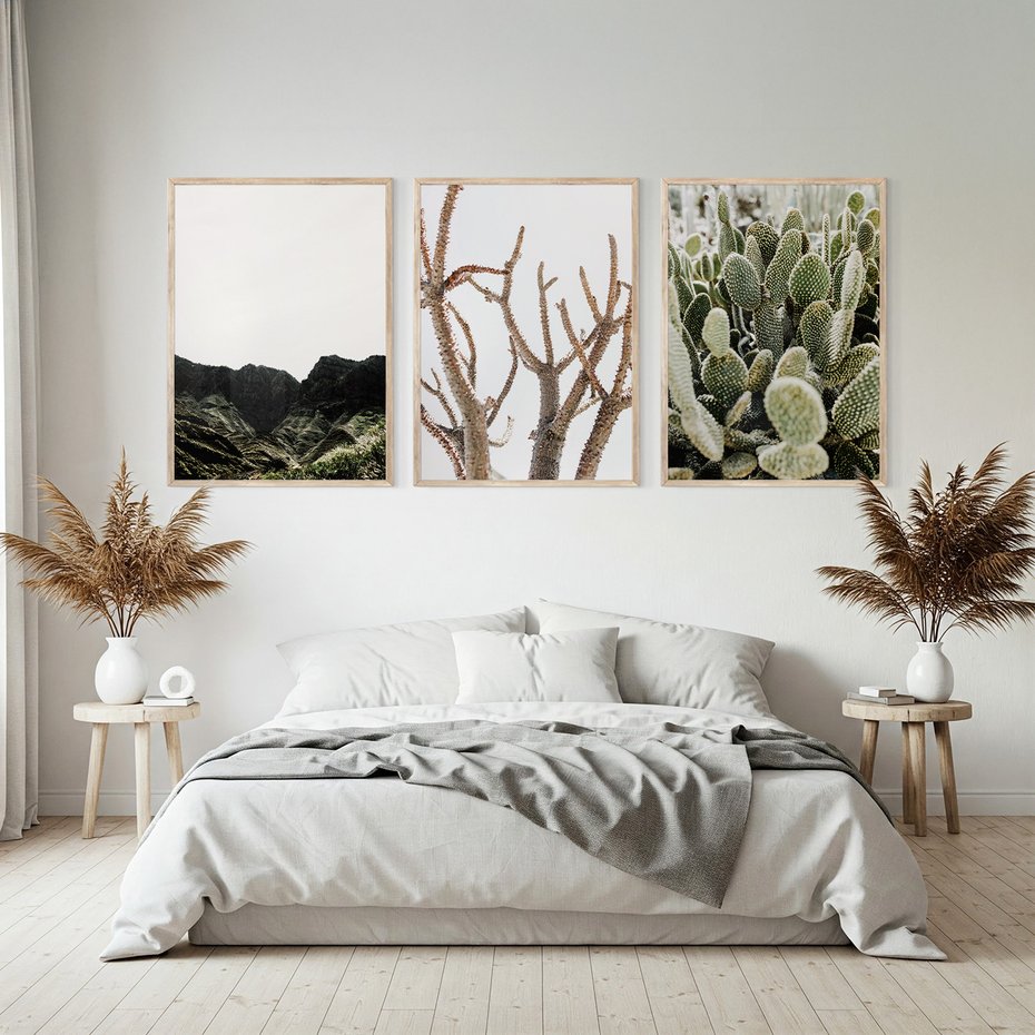 Zestaw obrazy w ramie, plakaty - góry, kaktus, rośliny - rama drewno