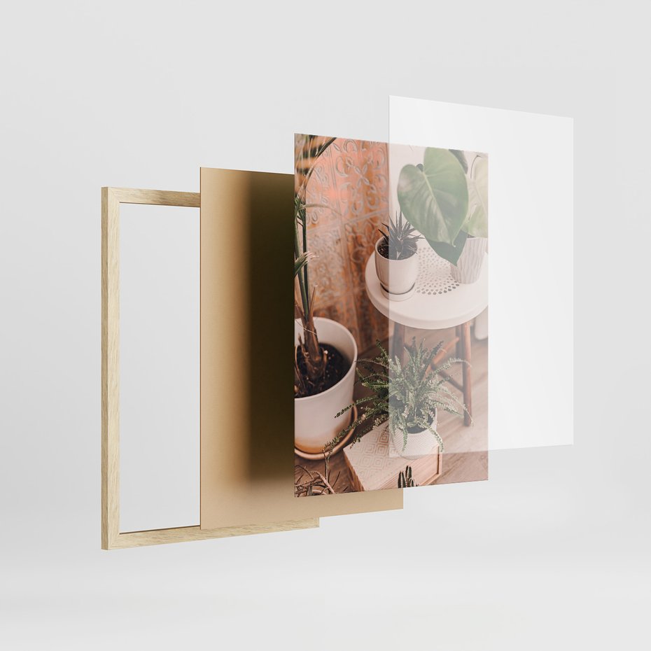 Zestaw obrazy w ramie, plakaty - rośliny, doniczki, wnętrze - rama drewno
