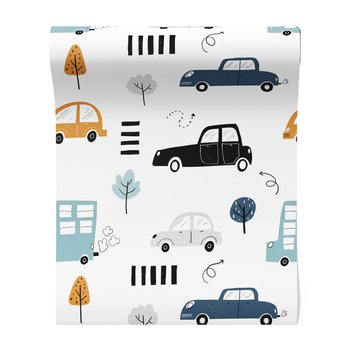 Tapeta - dziecięca, samochody, drzewa, pasy