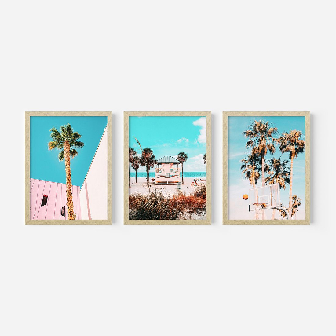 Zestaw obrazy w ramie, plakaty - palmy, plaża, tropiki - rama drewno