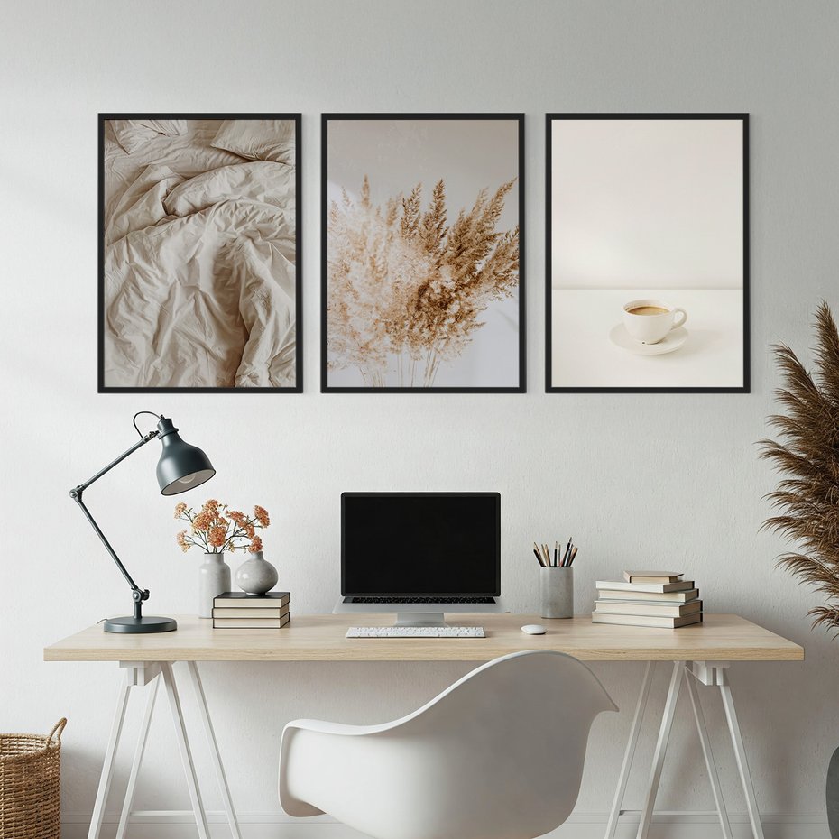 Zestaw obrazy w ramie, plakaty - beżowy, kawa, trawa - rama czarna