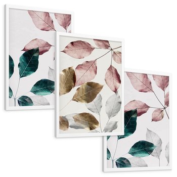 Zestaw obrazy w ramie, plakaty - liście, pastelowe, botaniczne - rama biała