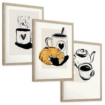 Zestaw obrazy w ramie, plakaty - kawa, filiżanka, croissant - rama drewno