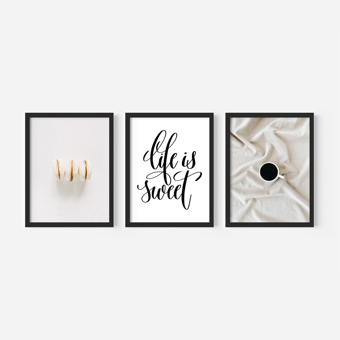 Zestaw obrazy w ramie, plakaty - makaroniki, kawa, napisy - rama czarna