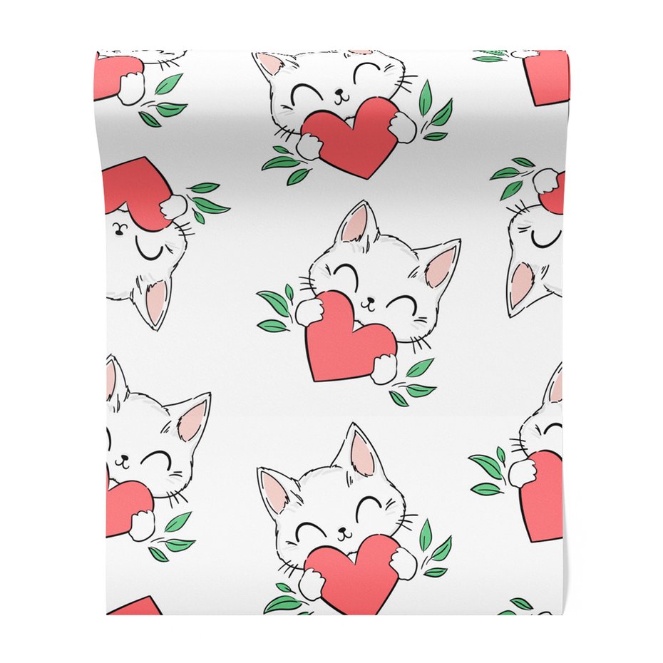 Tapeta - dziecięca, kot, serce, liście