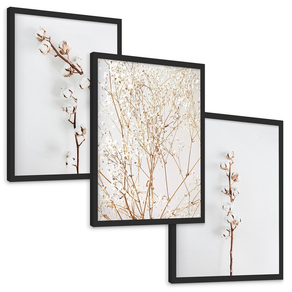 Zestaw obrazy w ramie, plakaty - bawełna, gałązki, delikatny - rama czarna