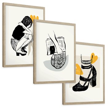 Zestaw obrazy w ramie, plakaty - rysunek, kobieta, kwiat - rama drewno