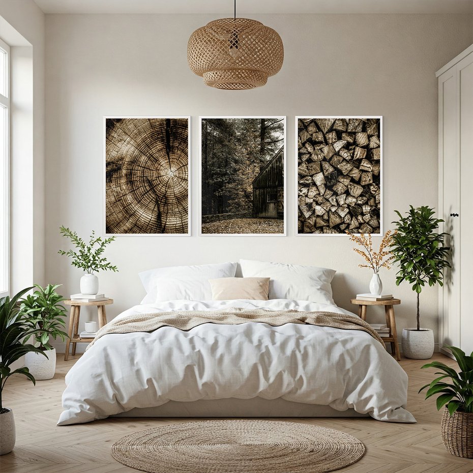 Zestaw obrazy w ramie, plakaty - drewno, kora, natura - rama biała