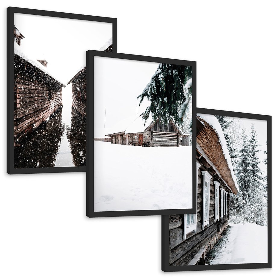 Zestaw obrazy w ramie, plakaty - zima, śnieg, budynki - rama czarna