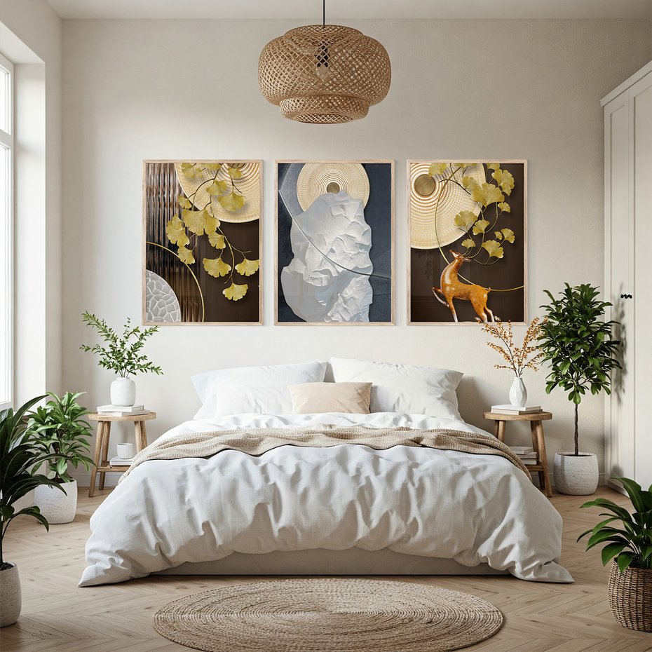 Zestaw obrazy w ramie, plakaty - złoty, liście, abstrakcja - rama drewno