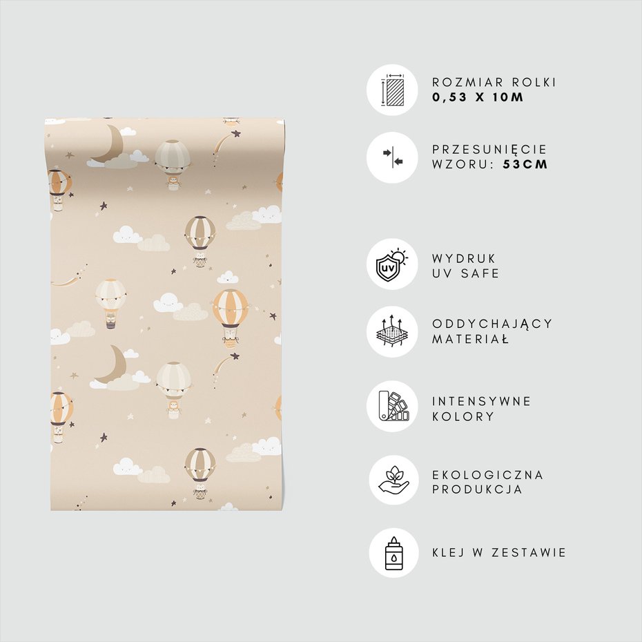 Tapeta - dziecięca, balony, chmury, gwiazdy