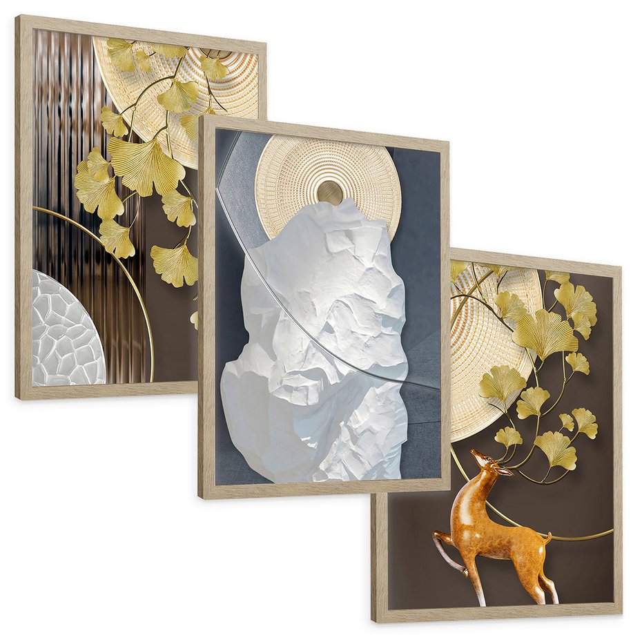 Zestaw obrazy w ramie, plakaty - złoty, liście, abstrakcja - rama drewno