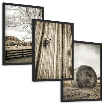 Zestaw obrazy w ramie, plakaty - wieś, pole, siano, - rama czarna