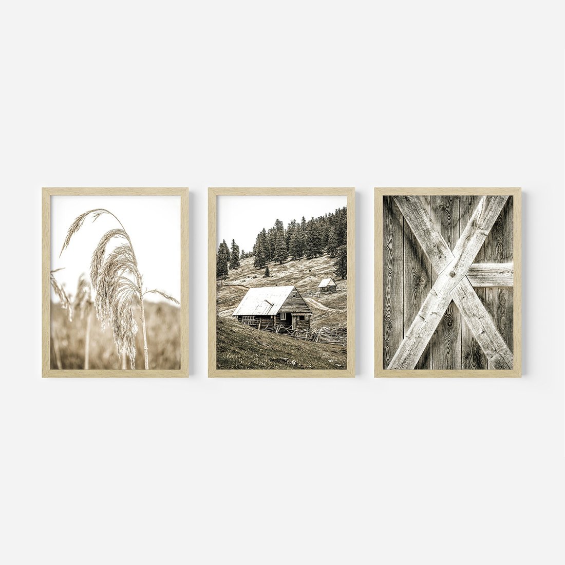 Zestaw obrazy w ramie, plakaty - natura, drewno, wieś - rama drewno