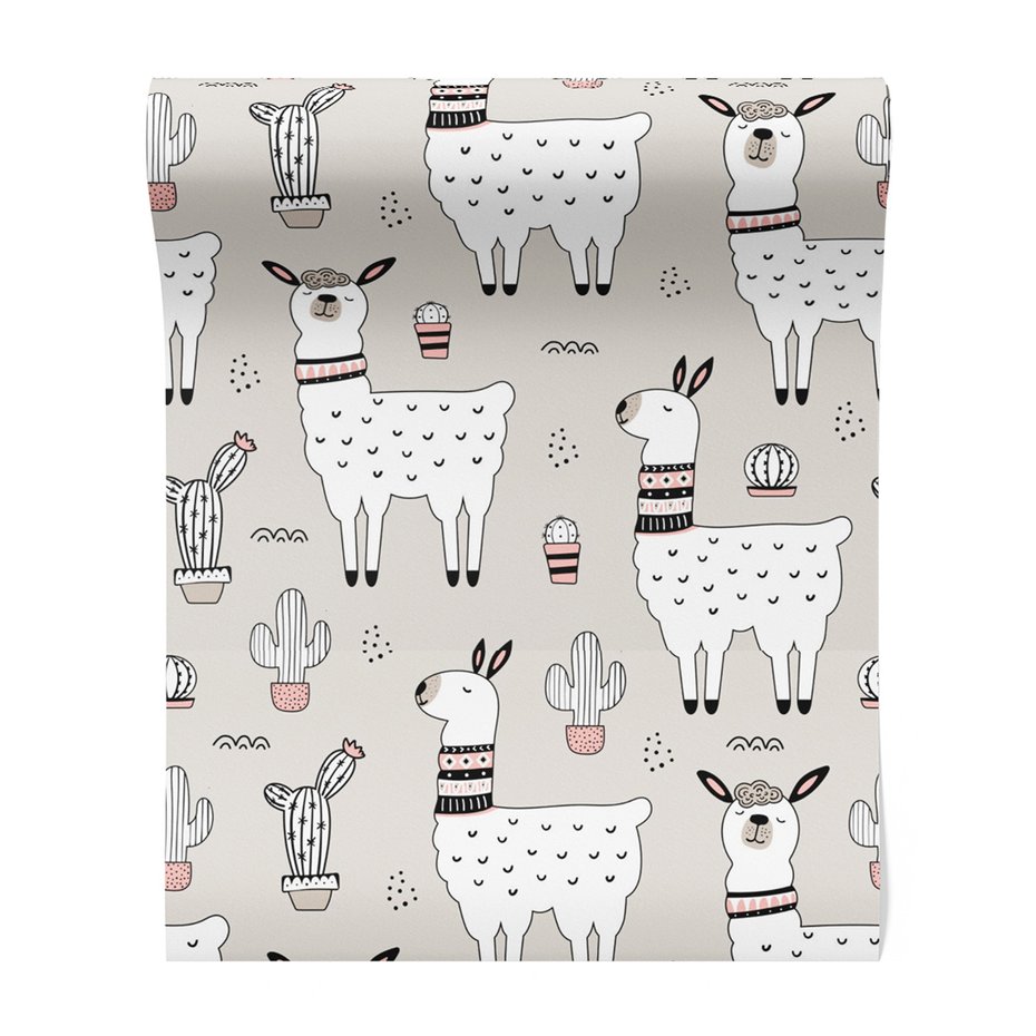 Tapeta - dziecięca, lama, kaktus, wzór