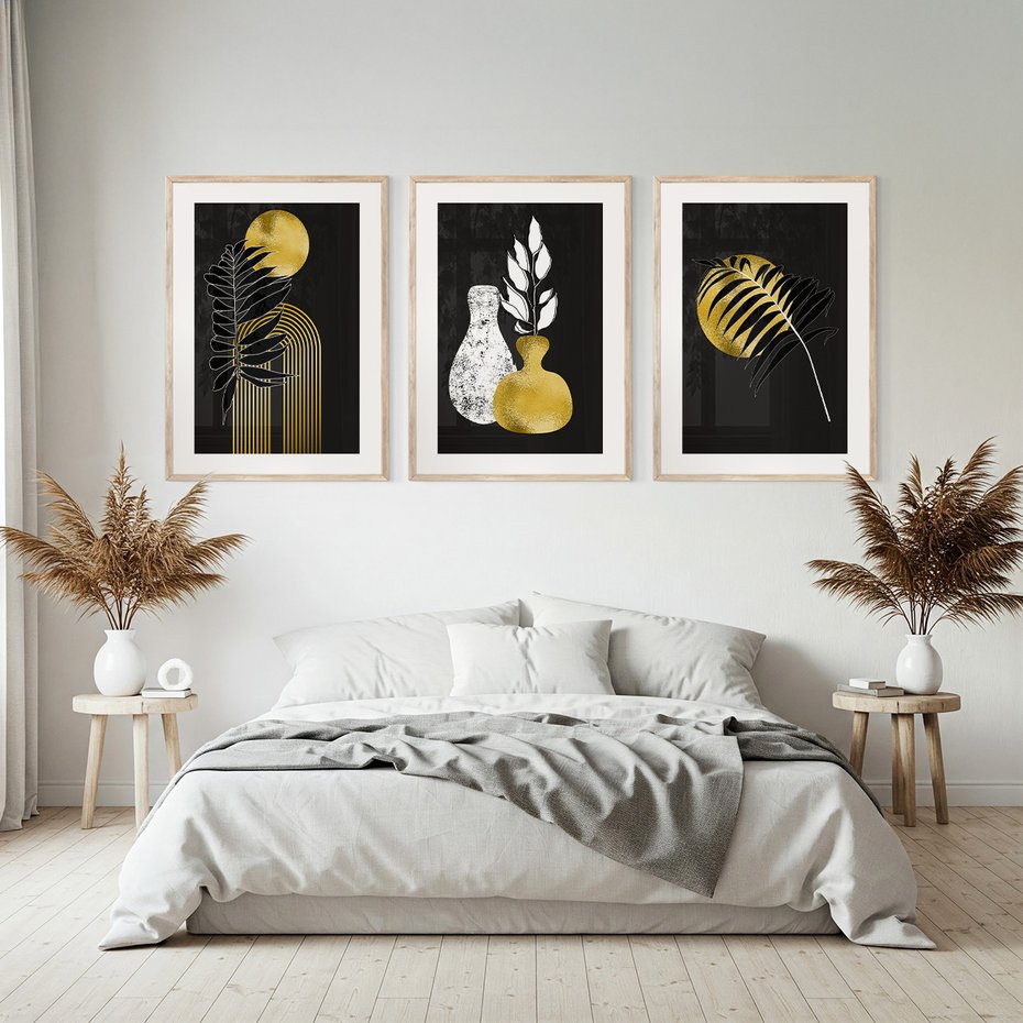 Zestaw obrazy w ramie, plakaty - liście, złoto, abstrakcja - rama drewno