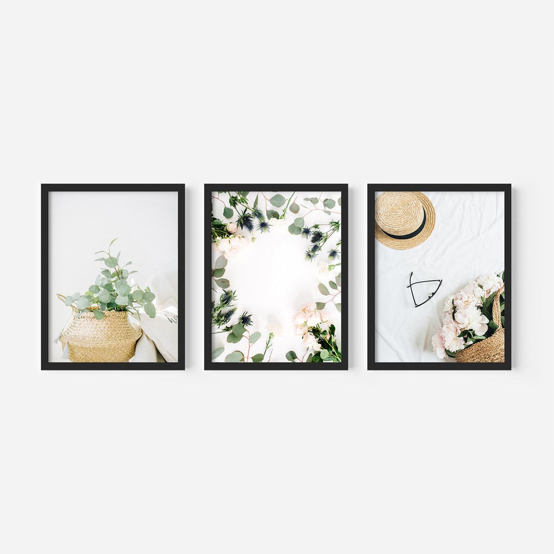 Zestaw obrazy w ramie, plakaty - kwiaty, liście, eukaliptus - rama czarna