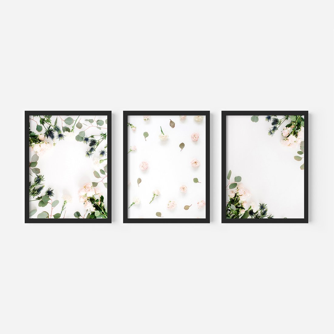 Zestaw obrazy w ramie, plakaty - kwiaty, liście, eukaliptus - rama czarna
