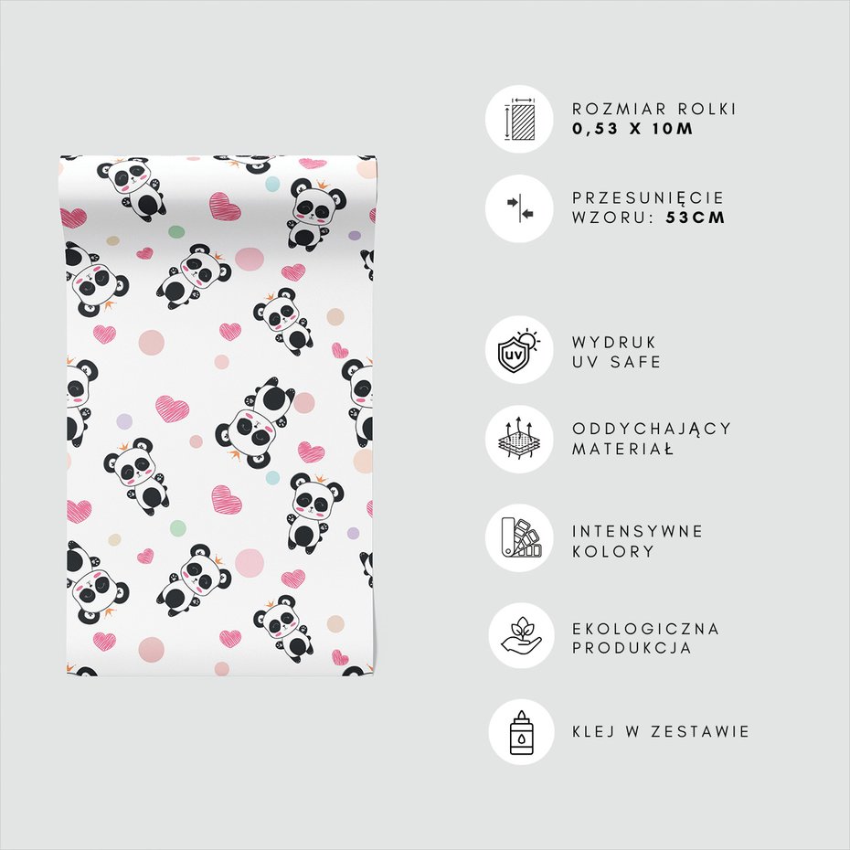 Tapeta - dziecięca, panda, serca, korony