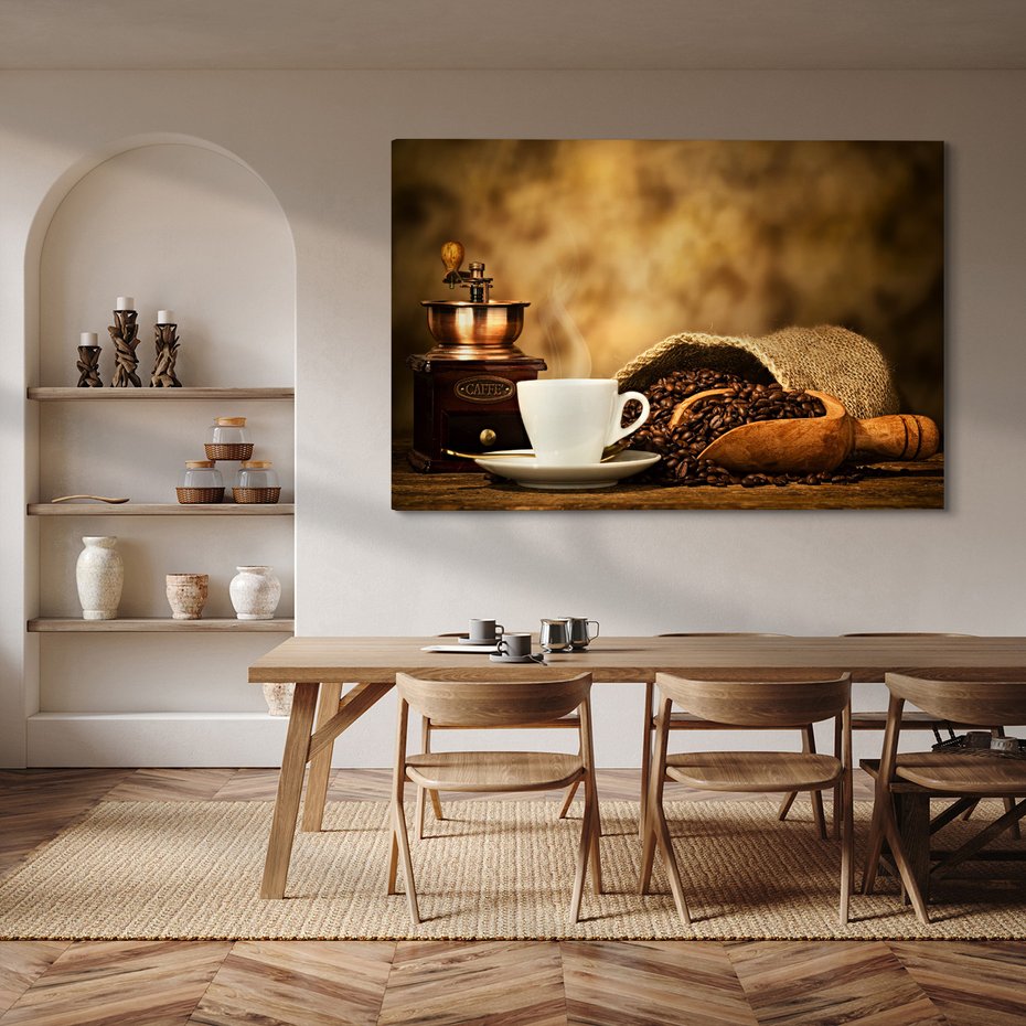 Obraz na płótnie - kawa, ziarna, młynek