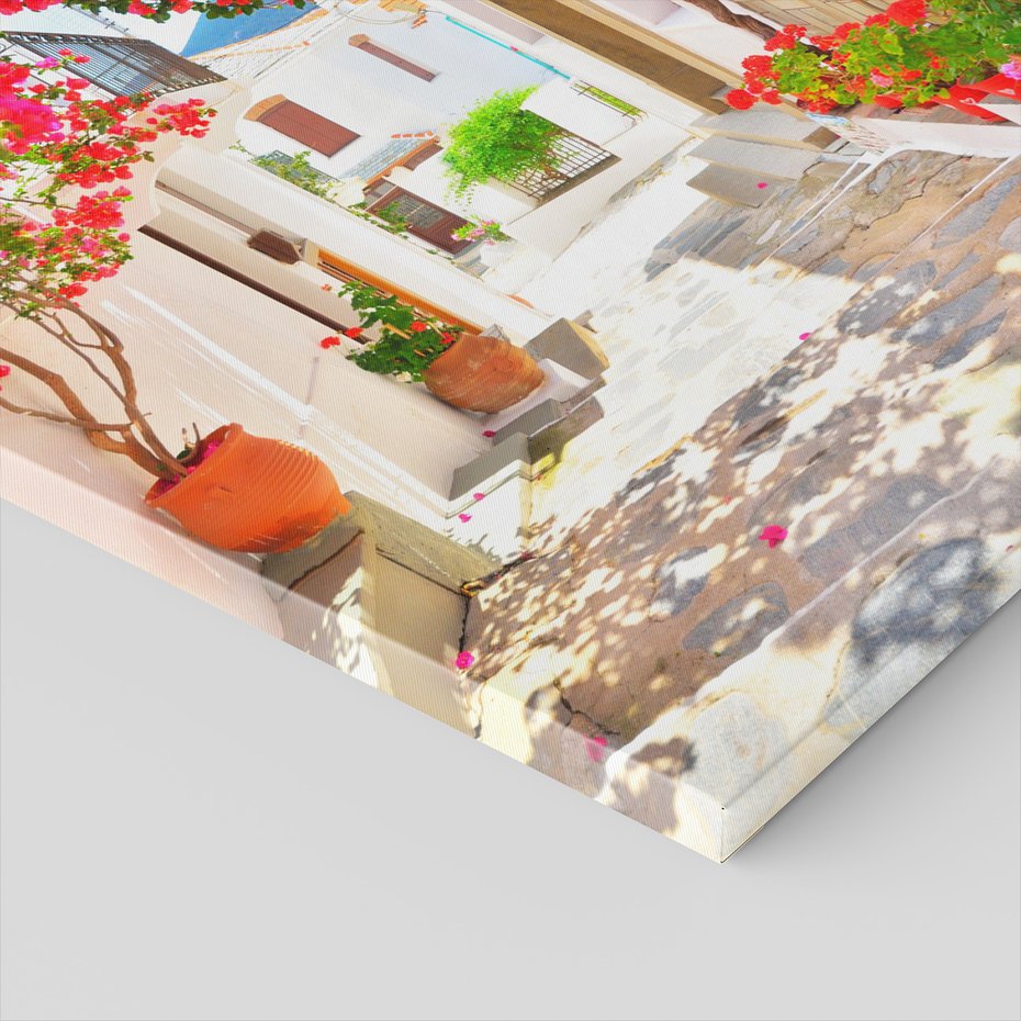 Obraz na płótnie - uliczka, kwiaty, białe budynki