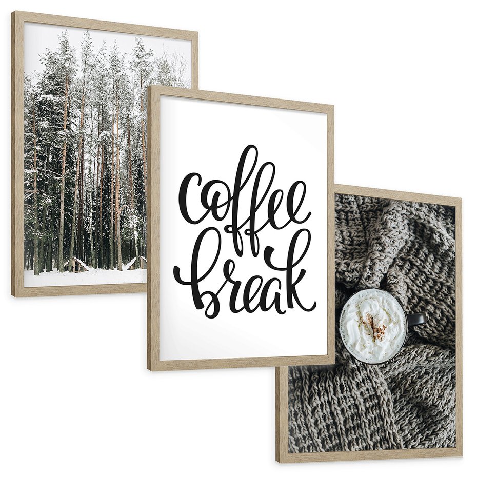 Zestaw obrazy w ramie, plakaty - zima, las, napój - rama drewno