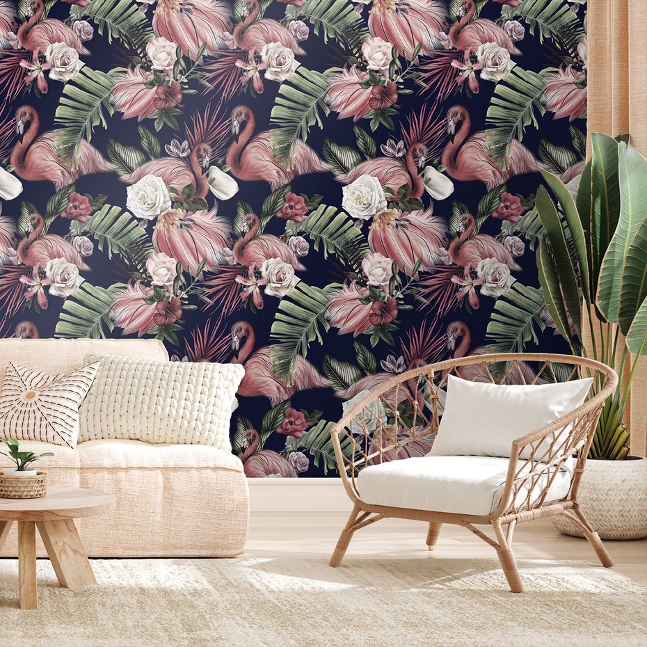 Tapeta - flamingo, liście, kwiaty