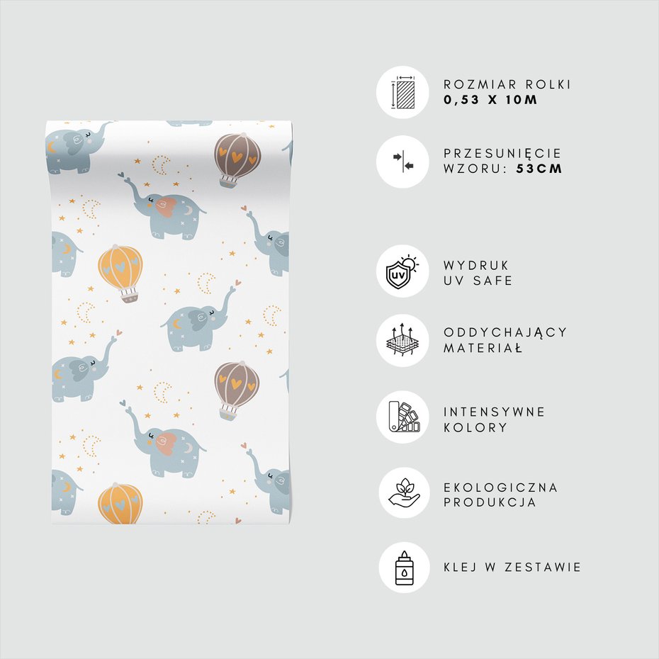 Tapeta - dziecięca, słonie, balony, gwiazdy