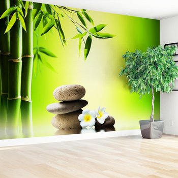 Fototapeta - bambus, kwiaty, kamienie