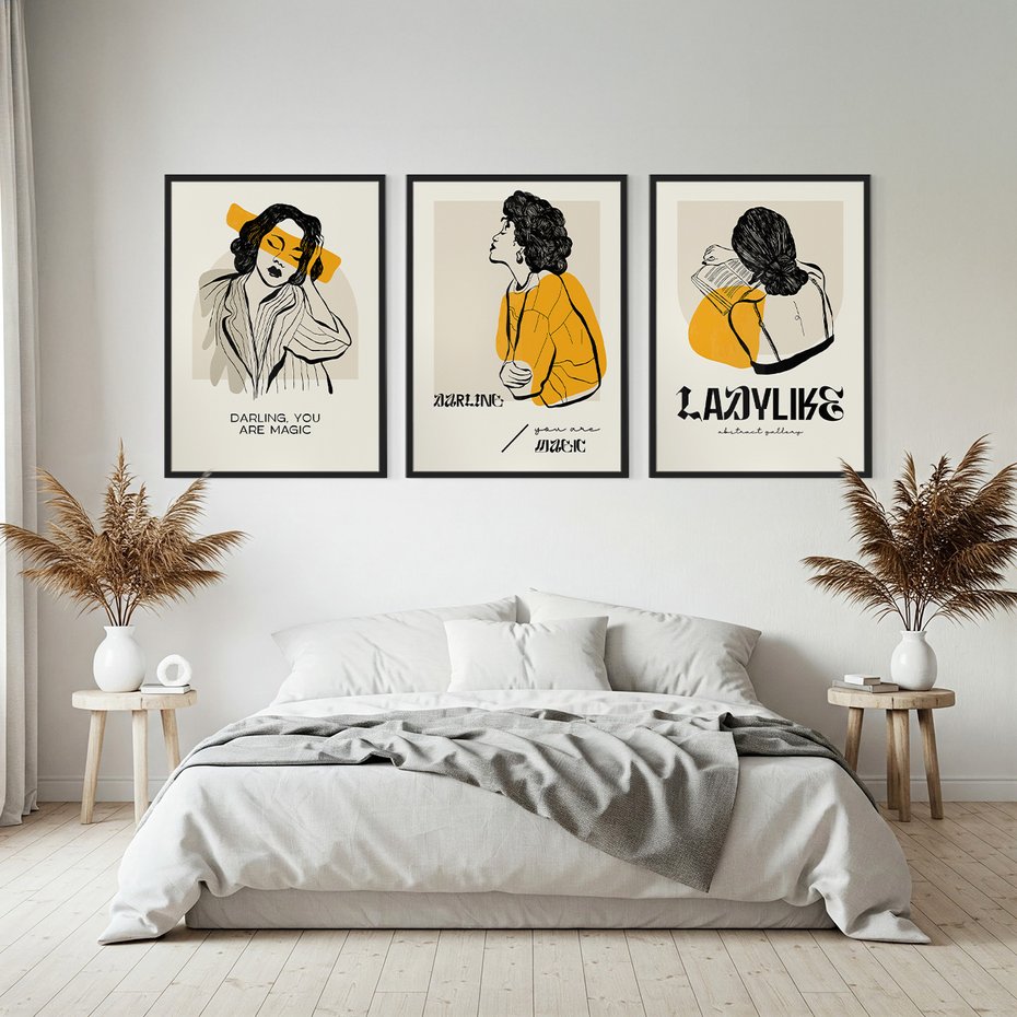 Zestaw obrazy w ramie, plakaty - kobieta, rysunek, portret - rama czarna