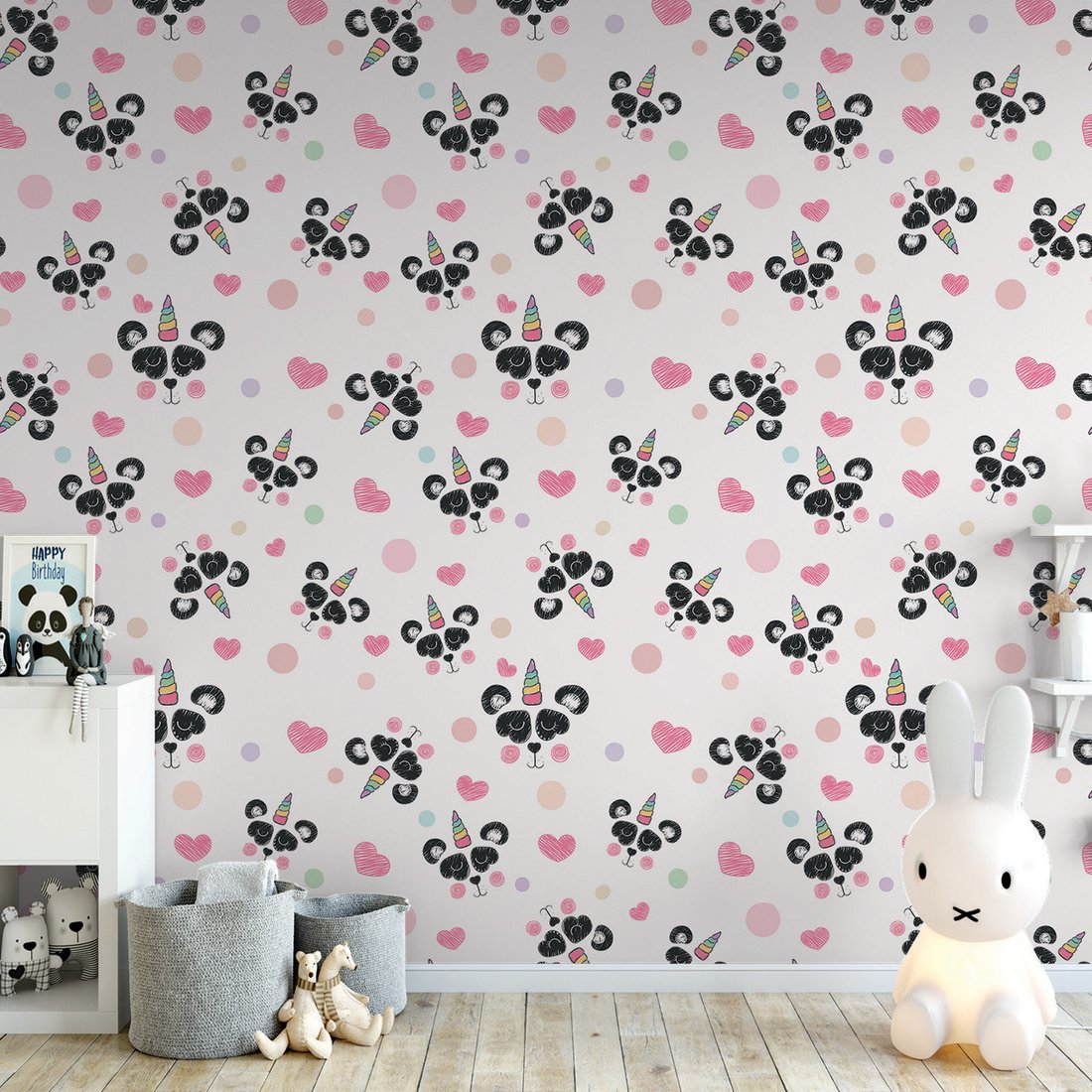 Tapeta - dziecięca, panda, jednorożec, serca