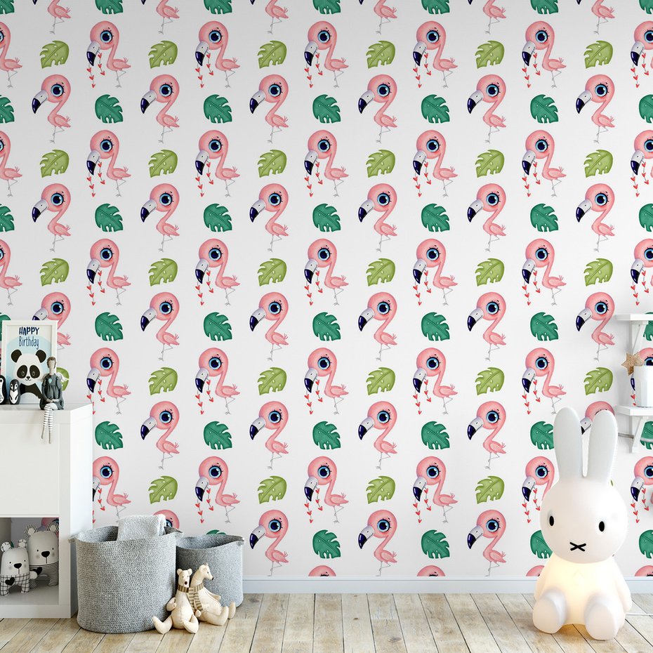 Tapeta - dziecięca, flaming, liść, serce