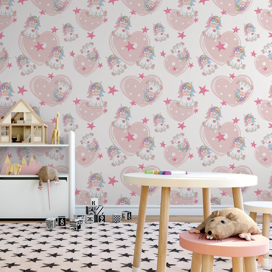 Tapeta - dziecięca, jednorożec, serca, gwiazdy