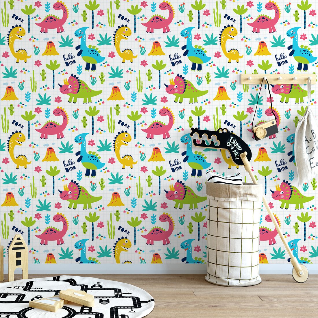 Tapeta - dziecięca, dinozaury, wulkan, rośliny