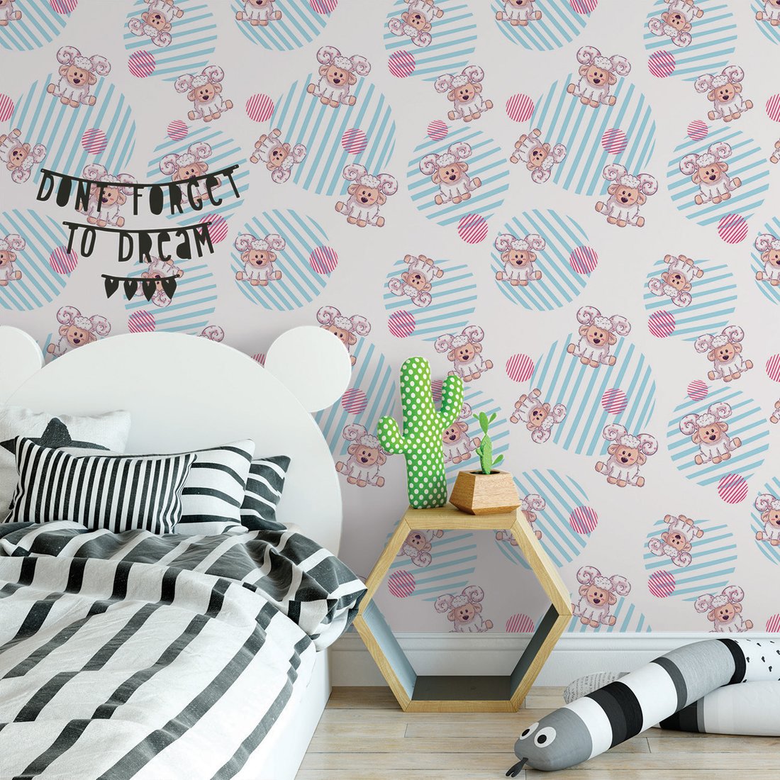 Tapeta - dziecięca, owca, paski, kółka