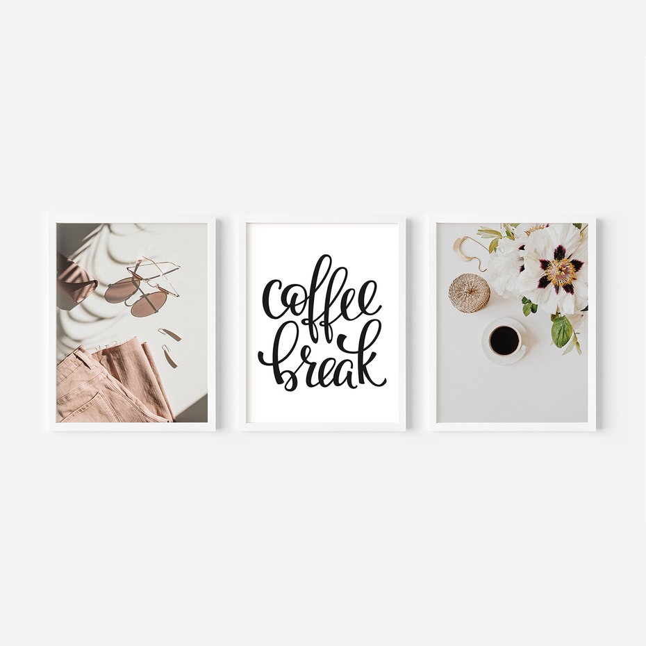 Zestaw obrazy w ramie, plakaty - kwiaty, kawa, akcesoria - rama biała