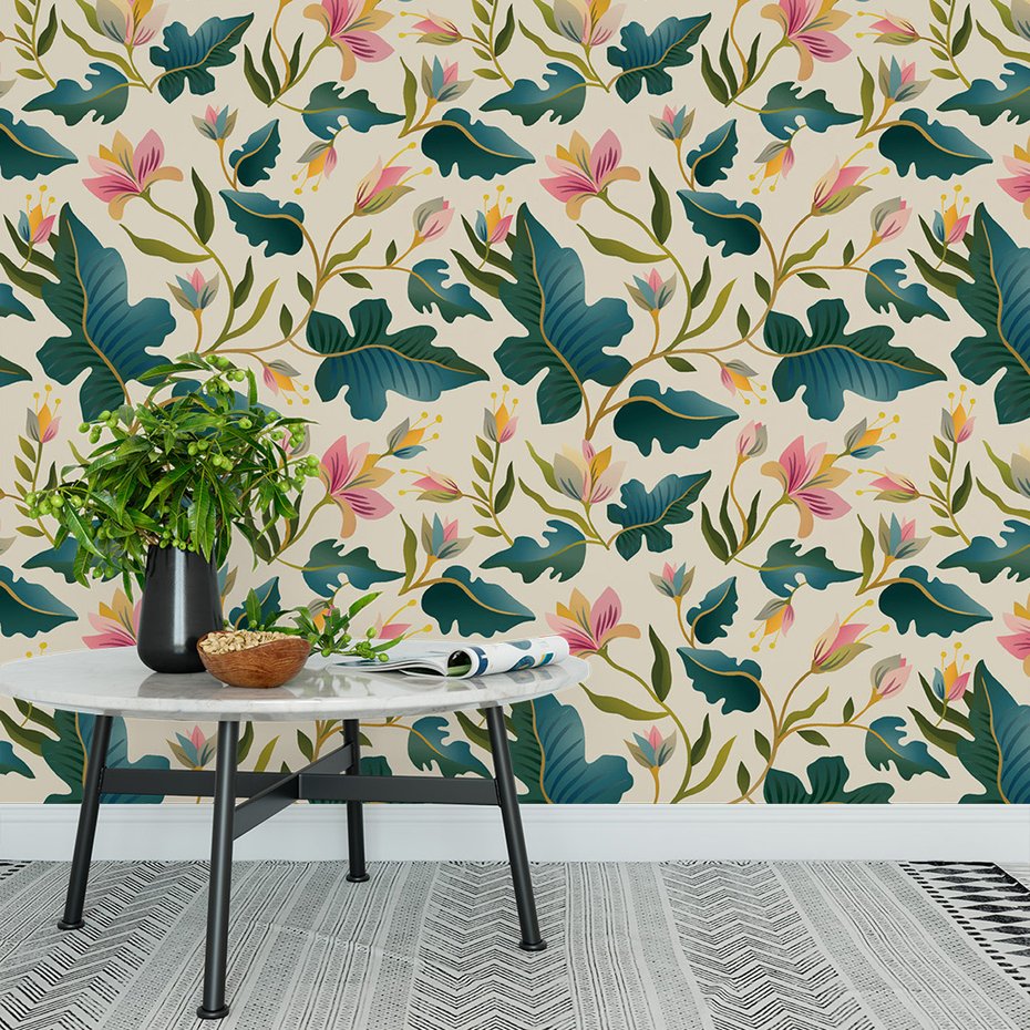 Tapeta - kwiaty, liście, gałązki