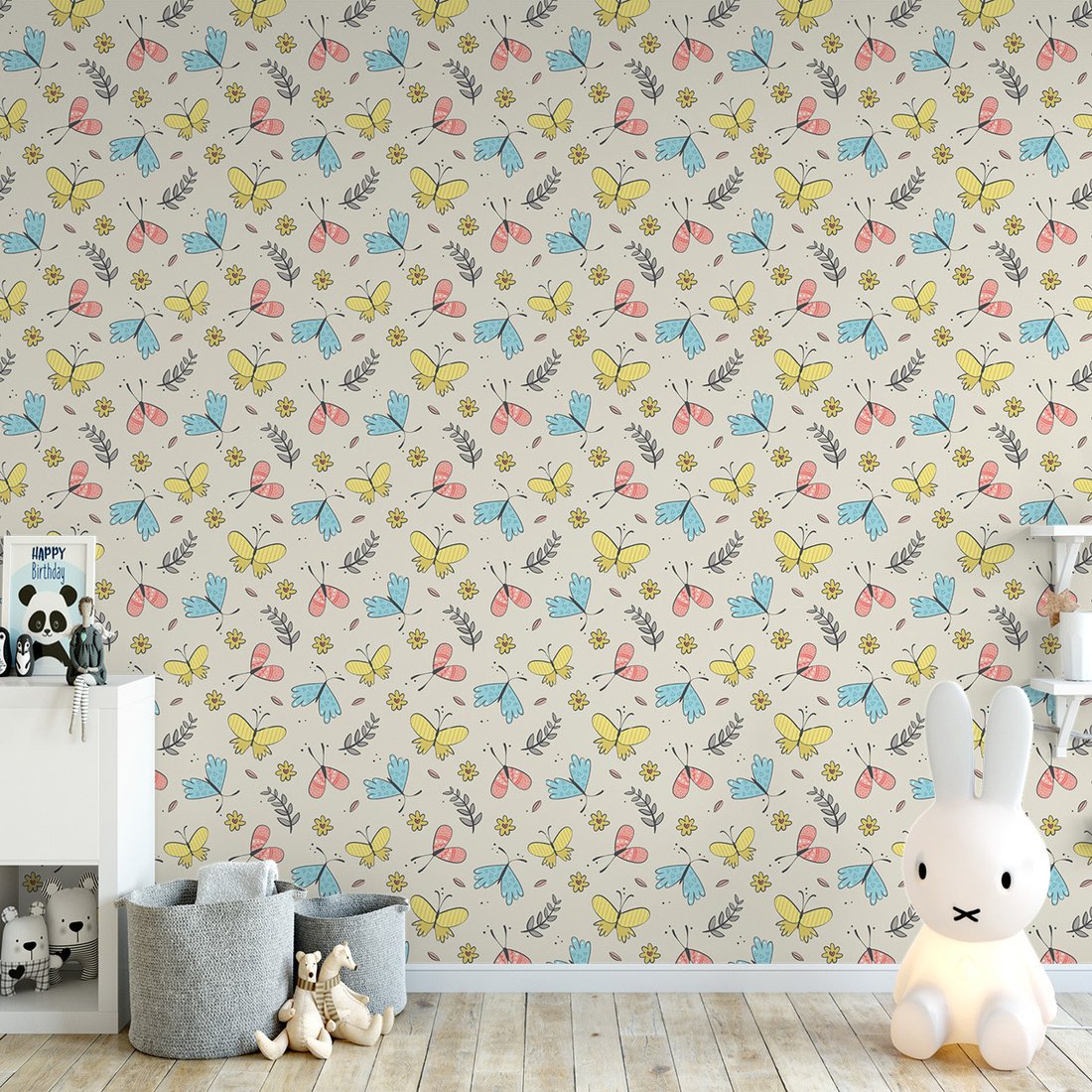 Tapeta - dziecięca, motyle, kwiaty, liście
