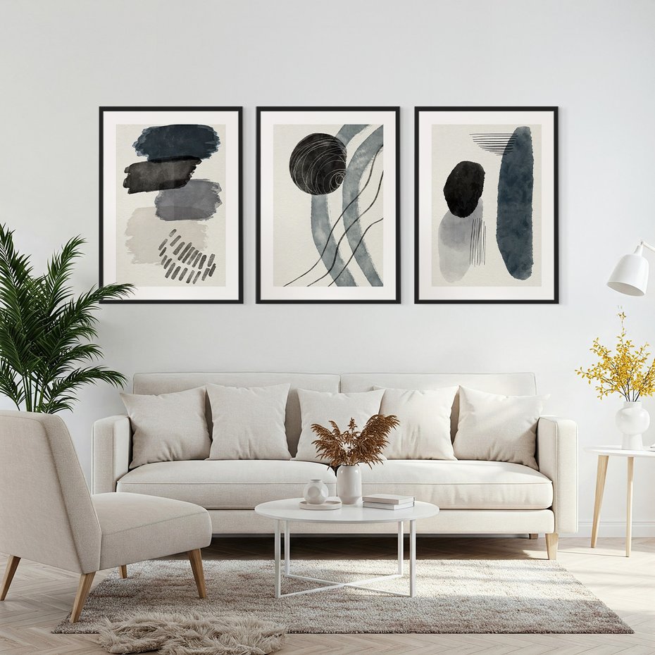 Zestaw obrazy w ramie, plakaty - abstrakcja, kształty, geometria - rama czarna