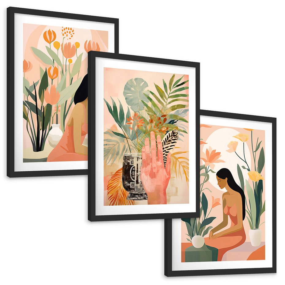 Zestaw obrazy w ramie, plakaty - kobieta, kwiaty, liście - rama czarna