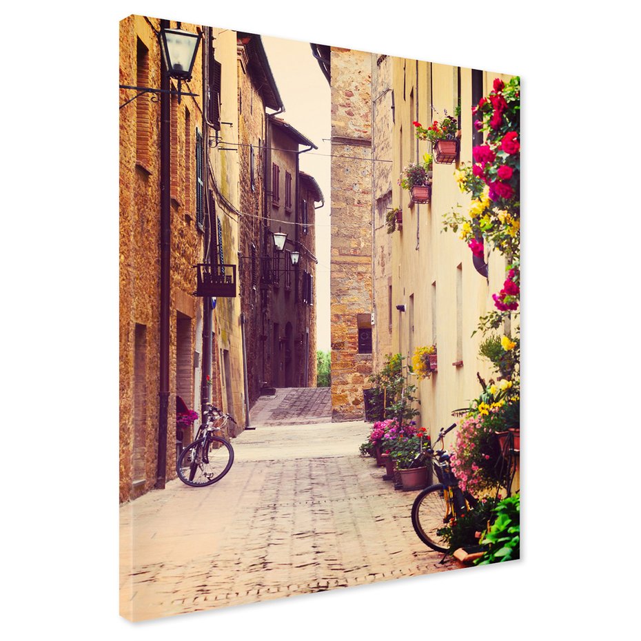 Obraz na płótnie - uliczka, kwiaty, rowery