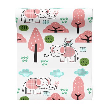 Tapeta - dziecięca, słoń, drzewa, ptak