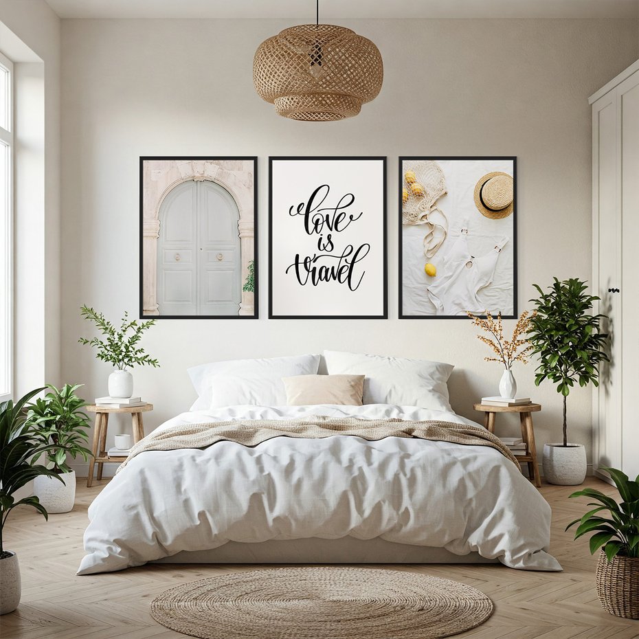 Zestaw obrazy w ramie, plakaty - podróż, cytryny, drzwi - rama czarna