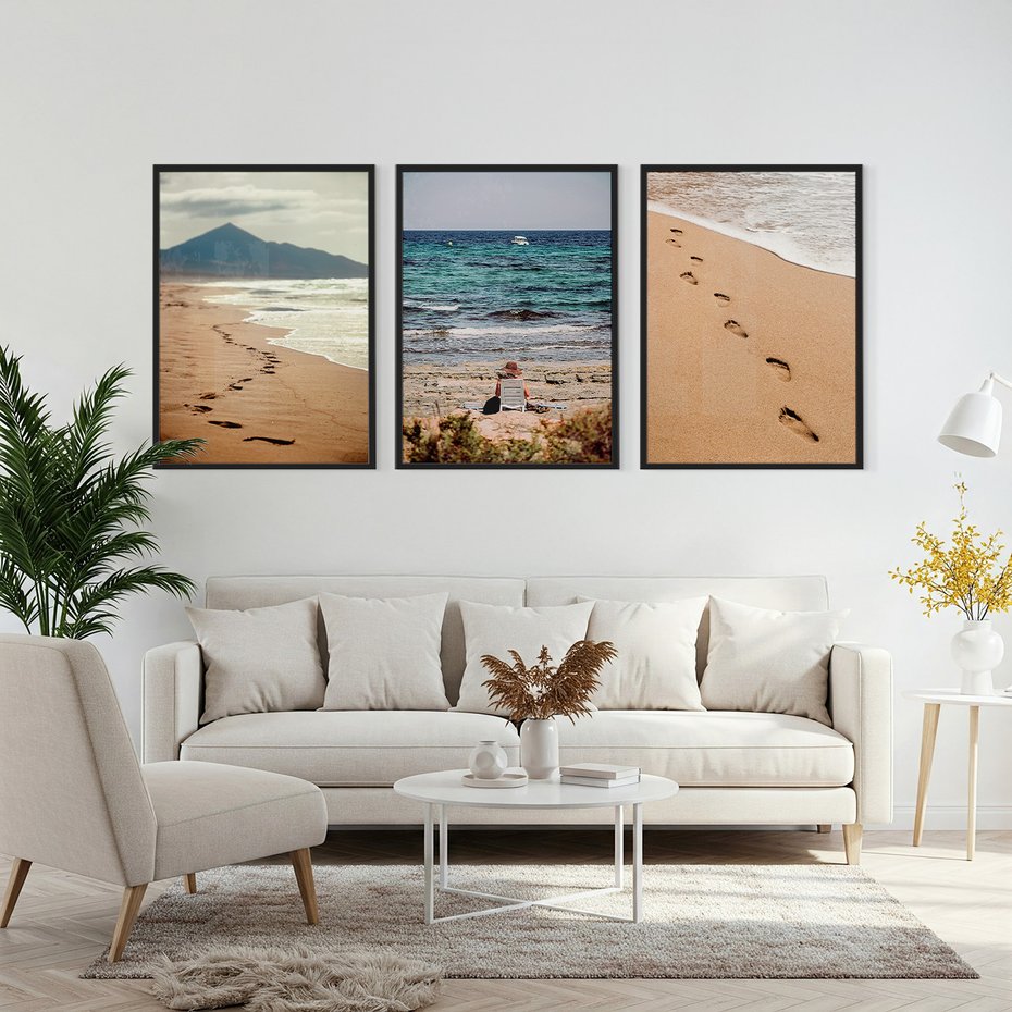 Zestaw obrazy w ramie, plakaty - plaża, morze, piasek - rama czarna